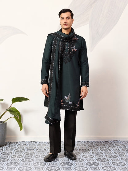 Ensemble Homme Kurta vert foncé à motifs oiseaux doux avec dupatta COLLECTION AJIT