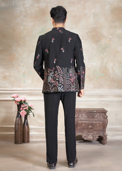 Ensemble Homme Costume Jodhpuri Noir Haut de Gamme en Terry Rayon avec Broderies de fleurs et Sequins COLLECTION KANWAR