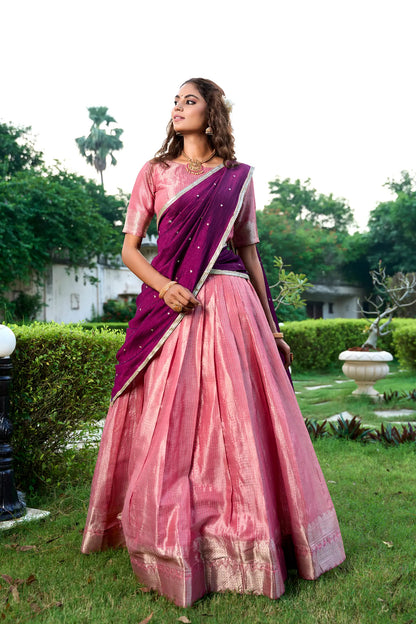 Salmon Pink Lehenga Choli in Kanchipuram with Zari Weaving Work