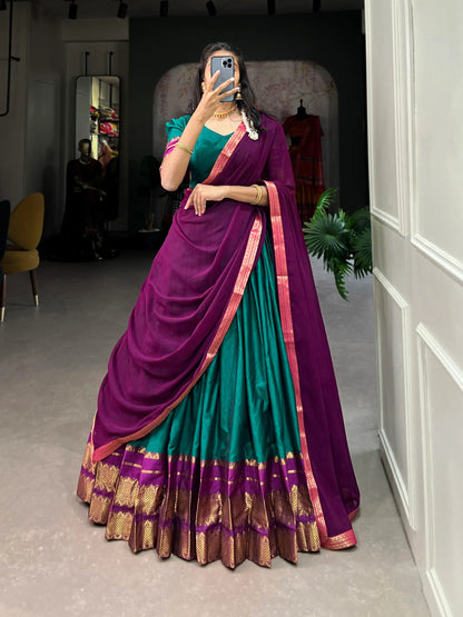 Blaugrünes Polycotton-Lehenga-Choli mit Zari-Webarbeit