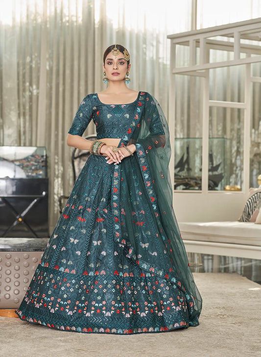 Lehenga Choli en Soie Verte Bleu-vert avec Broderie en Fil et Sequins