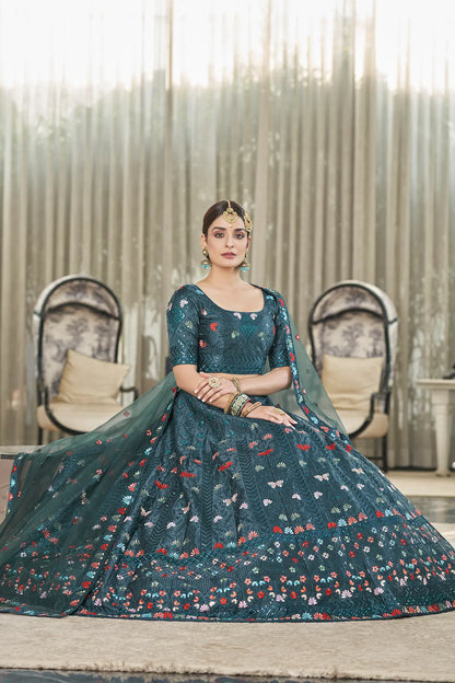 Lehenga Choli en Soie Verte Bleu-vert avec Broderie en Fil et Sequins