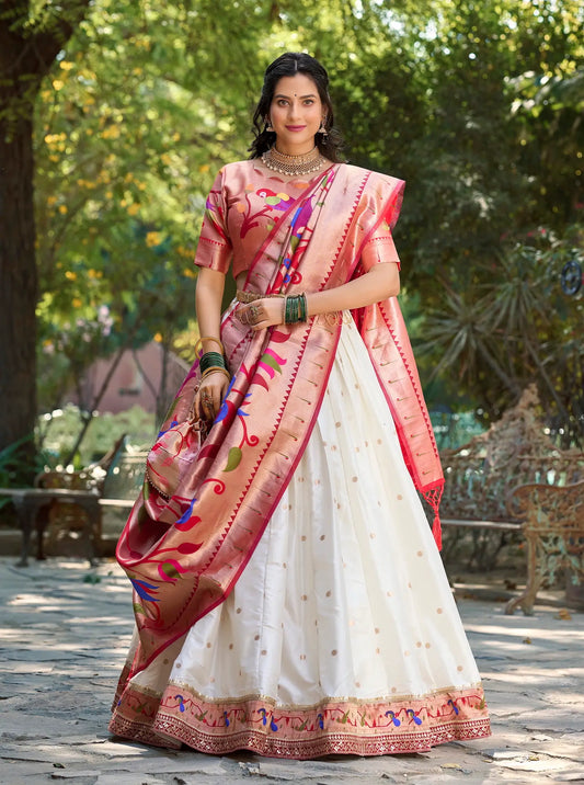 White jacquard silk lehenga choli with zari embroidery