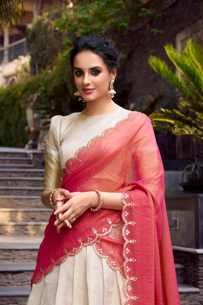 Lehenga Choli Beige Jacquard Chex avec travail de tissage Zari et broderie de sequins COLLECTION ADITI