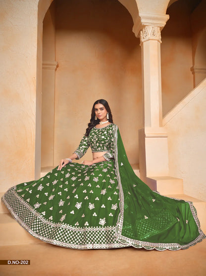 Lehenga Choli Vert en Organza avec Broderie en Fils et Sequins