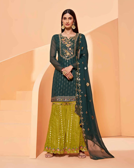 Dunkelgrünes und limettengrünes Georgette-Sharara-Set mit schwerer Stickerei, begleitet von einem passenden Dupatta