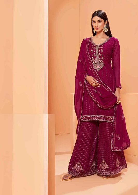 Magenta-pinkes Georgette-Sharara-Set mit Paillettenstickerei und Dupatta