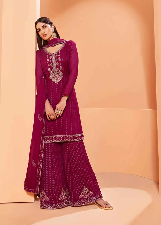 Magenta-pinkes Georgette-Sharara-Set mit Paillettenstickerei und Dupatta