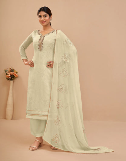 Ensemble salwar en georgette jaune clair avec broderie sequins et dupatta