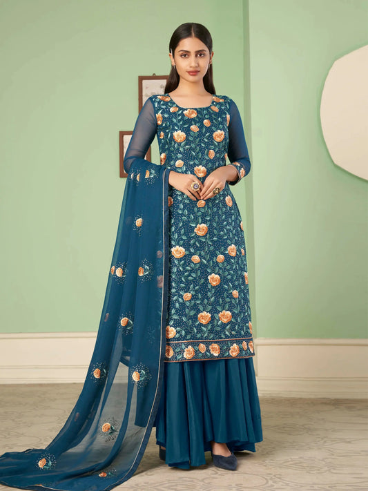 Königsblaues Palazzo-Set | Traditionelles Georgette-Kleid | Abendkleid mit prächtiger Stickerei