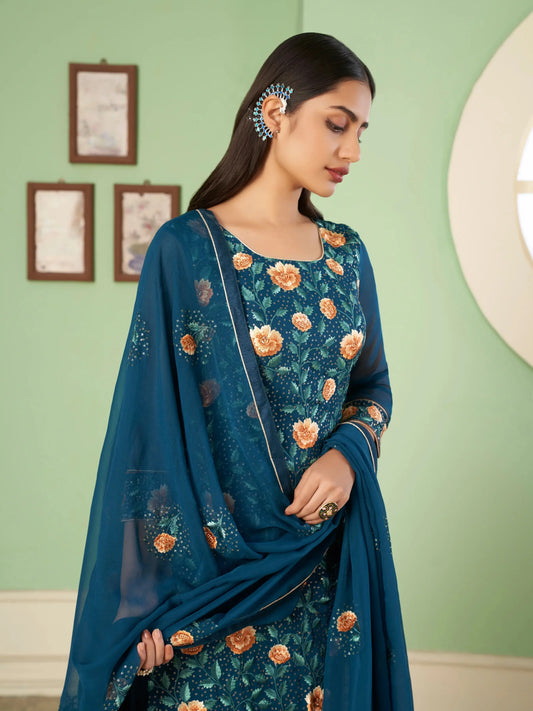 Königsblaues Palazzo-Set | Traditionelles Georgette-Kleid | Abendkleid mit prächtiger Stickerei