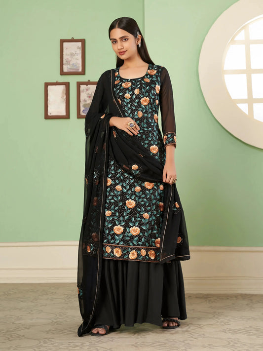 Schickes schwarzes Sharara Palazzo Set | Traditionelles Georgette Kleid | Abendgarderobe mit raffinierter Stickerei