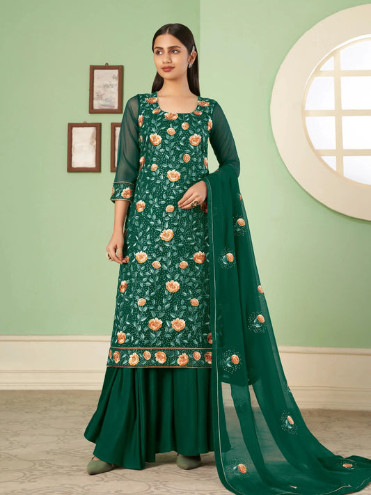 Elegantes grünes Palazzo-Set | Traditionelles Georgette-Kleid | Abendkleid mit prächtiger Stickerei