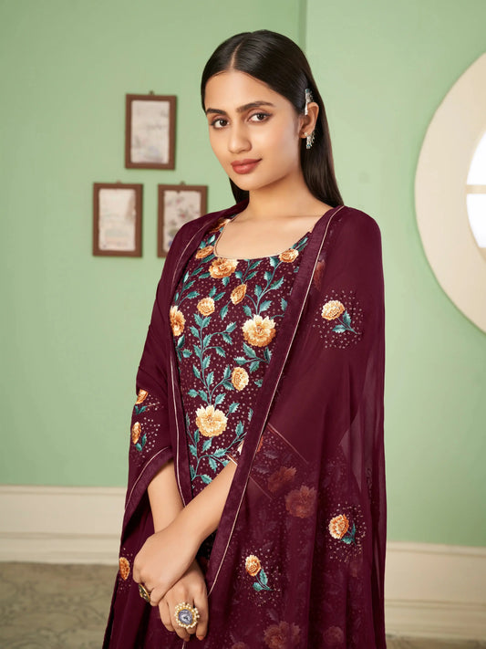 Palazzo Bordeaux Set | Traditionelles Georgette-Kleid | Abendkleid mit raffinierter Stickerei