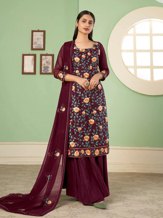 Palazzo Bordeaux Set | Traditionelles Georgette-Kleid | Abendkleid mit raffinierter Stickerei