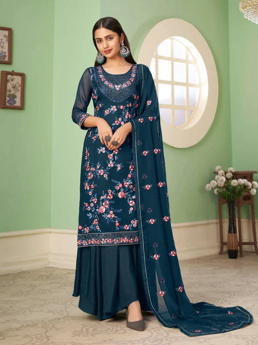 Palazzo-Set aus ägäischblauem Georgette mit schwerer, mehrfarbiger Fadenstickerei.