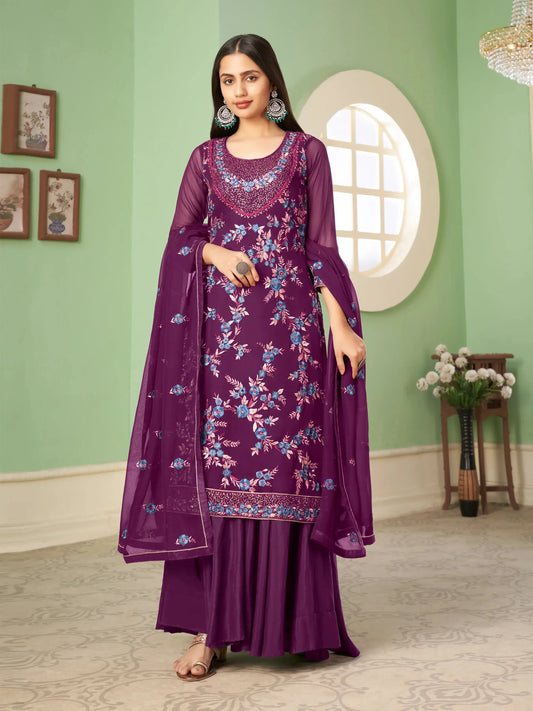 Traubenviolettes Palazzo-Set mit Paillettenstickerei