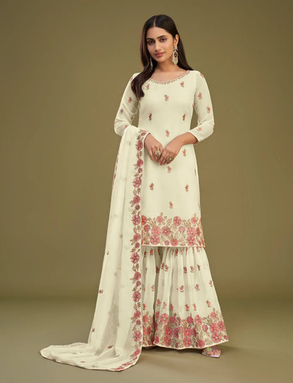 Hellzitronengelbes Georgette-Sharara-Set mit mehrfarbiger Fadenstickerei und passendem Dupatta