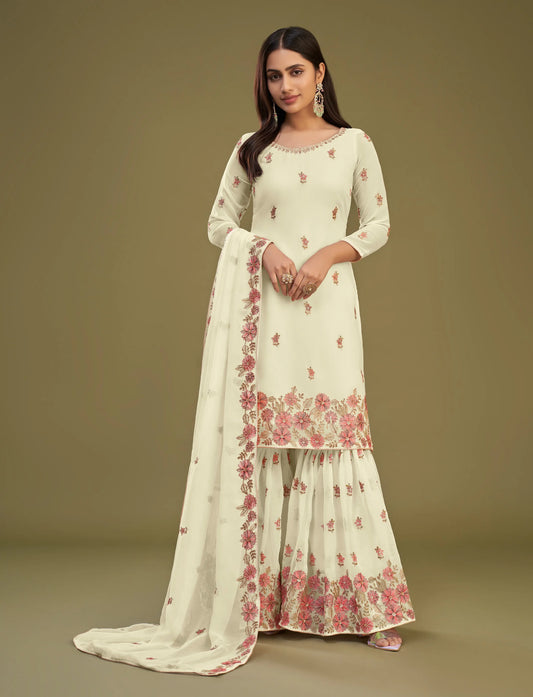 Hellzitronengelbes Georgette-Sharara-Set mit mehrfarbiger Fadenstickerei und passendem Dupatta