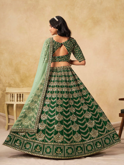 Lehenga vert foncé brillant de fête en soie artificielle travaillé COLLECTION AMALYA