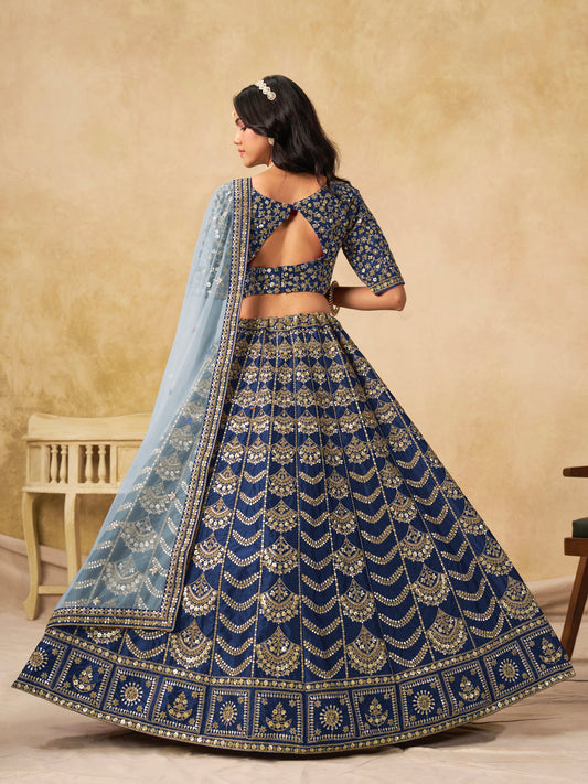 Lehenga bleu foncé brillant de fête en soie artificielle travaillé COLLECTION AMALYA