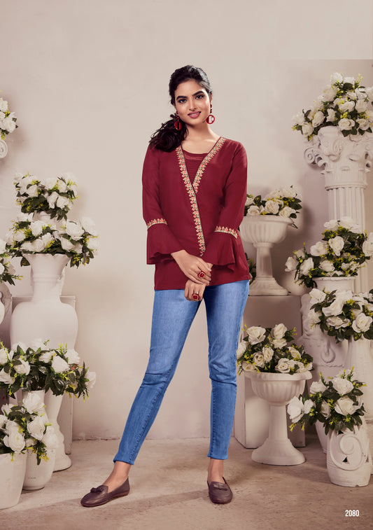 Rotes, schweres, kurzes Kurta-Top im Designer-Stil aus Viskose