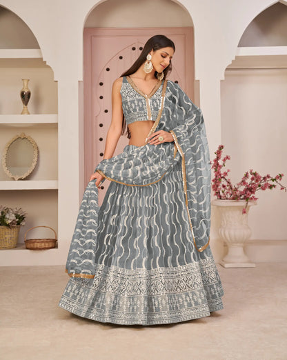 Grey Net Lehenga Choli Set with White Cotton Thread Embroidery, Zari Work and Refined Sequences