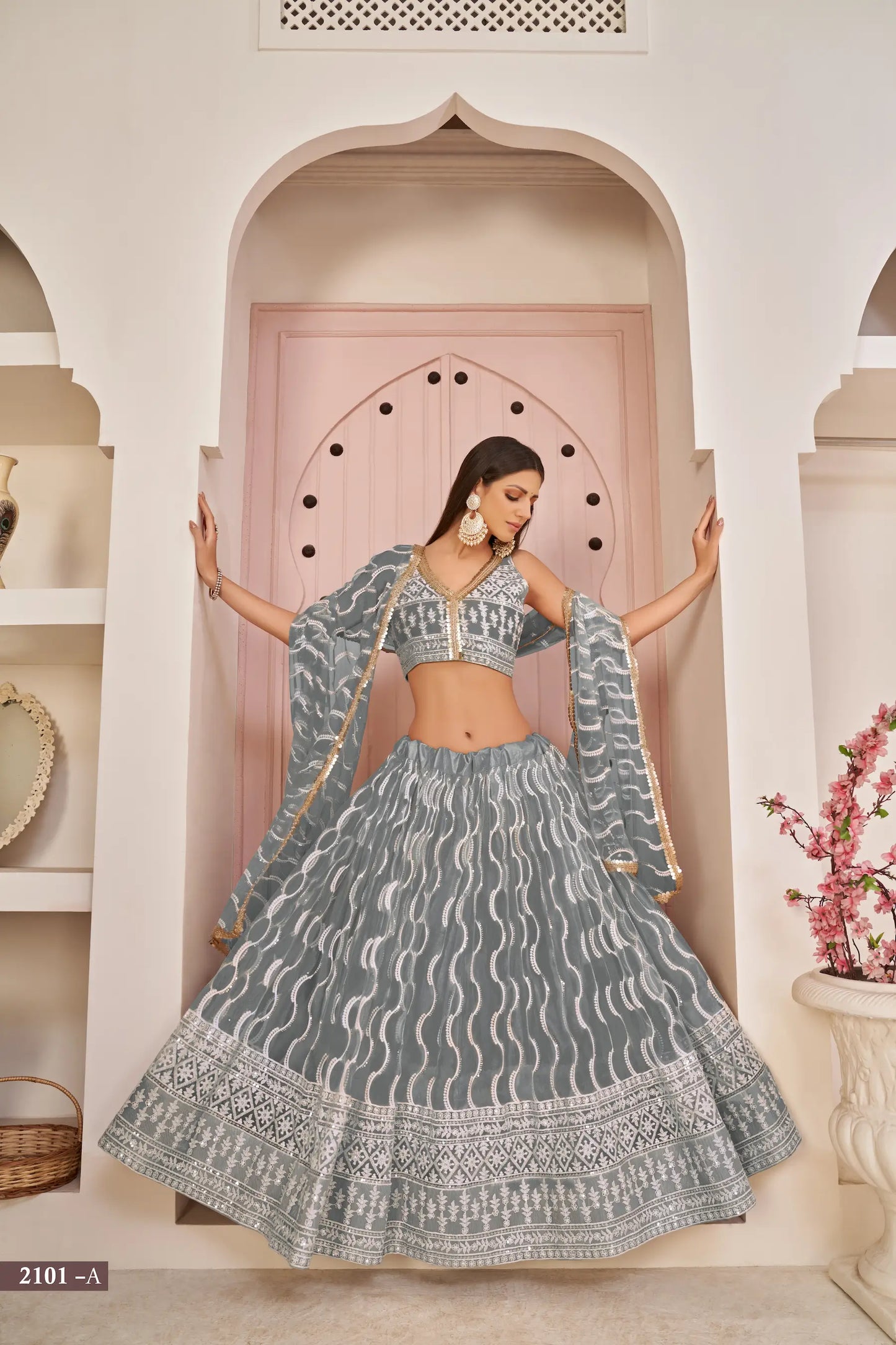 Grey Net Lehenga Choli Set with White Cotton Thread Embroidery, Zari Work and Refined Sequences