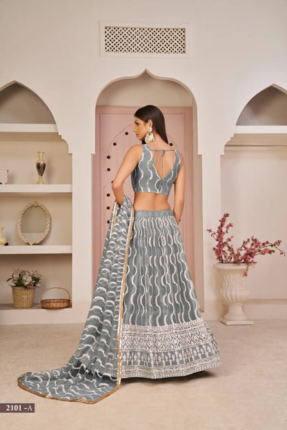Grey Net Lehenga Choli Set with White Cotton Thread Embroidery, Zari Work and Refined Sequences