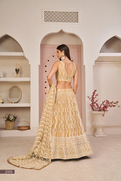 Lehenga Choli en filet beige foncé avec broderies en fil de coton blanc, travail en zari et sequins