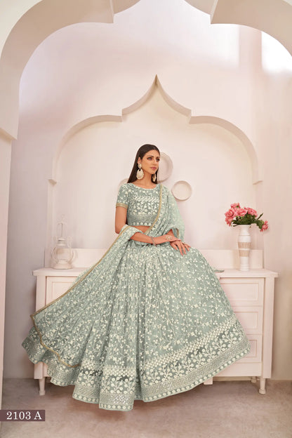 Lehenga Choli turquoise vert en filet avec broderie en fil de coton blanc, travail de zari et sequins