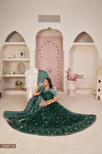 Lehenga Choli Vert avec broderie en fil de coton blanc, zari et sequins