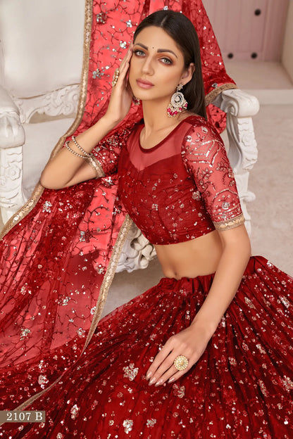 Rotes Netz-Lehenga-Choli mit weißer Baumwollfadenstickerei, Zari und Pailletten