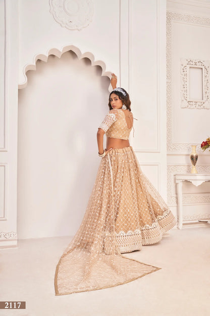 Lehenga Choli en filet beige pâle avec broderie en fil de coton blanc, travail zari et sequins