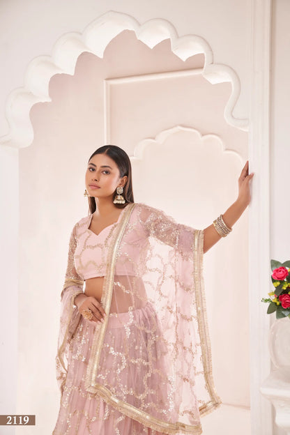 Lehenga Choli en filet couleur rose clair avec travail de zari et broderie de sequins
