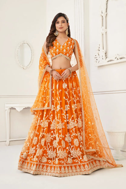 Lehenga Choli en filet orange avec broderie en fil de coton blanc, travail en zari et broderie de sequins