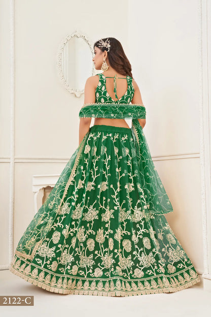 Lehenga Choli en filet vert avec broderie en fil de coton blanc, travail en zari et broderie de sequins