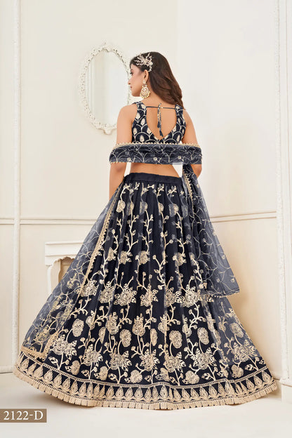 Lehenga Choli en filet noir avec broderie en fil de coton blanc, travail en zari et broderie de sequins