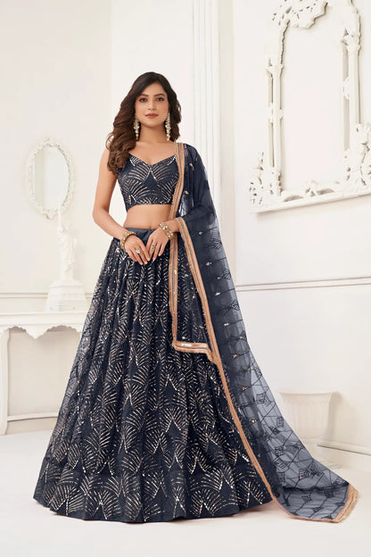 Ensemble Lehenga Choli Noir | Robe Indienne en Tulle | Broderies et Miroirs