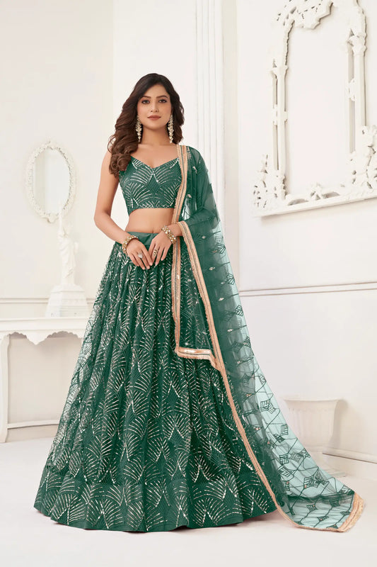 Flaschengrüner Lehenga Choli | Indisches Kleid aus Tüll und Pailletten | Stickereien und Spiegel