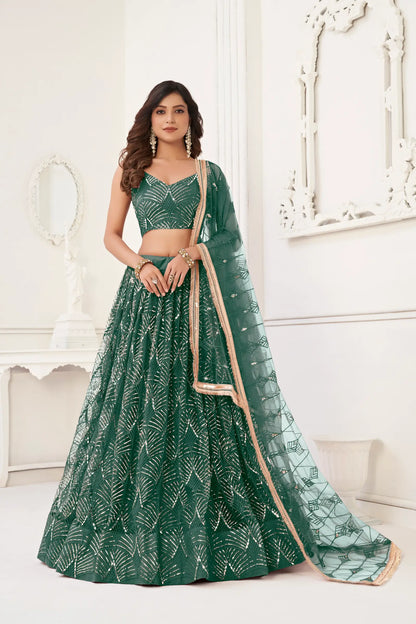 Lehenga Choli Vert Bouteille | Robe Indienne en Tulle et Sequins | Broderies et Miroirs