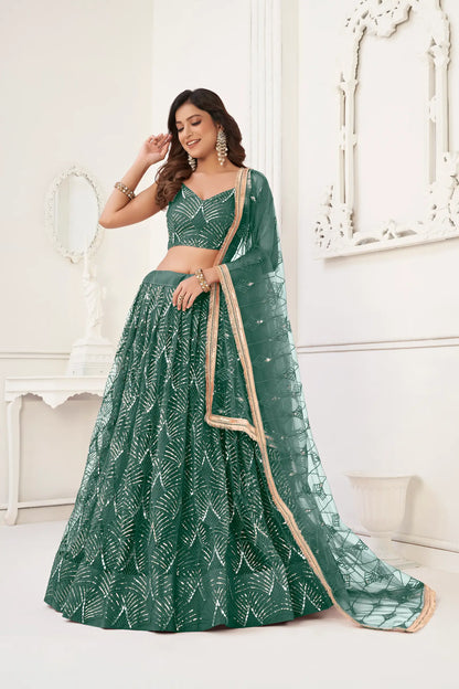 Lehenga Choli Vert Bouteille | Robe Indienne en Tulle et Sequins | Broderies et Miroirs