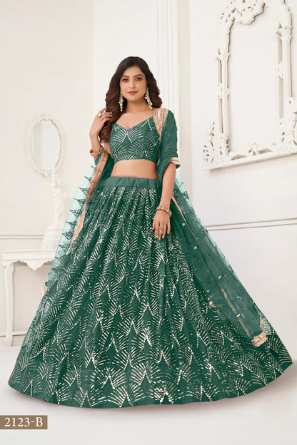 Lehenga Choli Vert Bouteille | Robe Indienne en Tulle et Sequins | Broderies et Miroirs