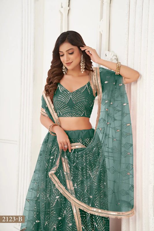 Flaschengrüner Lehenga Choli | Indisches Kleid aus Tüll und Pailletten | Stickereien und Spiegel