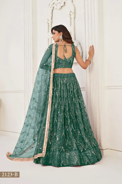 Lehenga Choli Vert Bouteille | Robe Indienne en Tulle et Sequins | Broderies et Miroirs