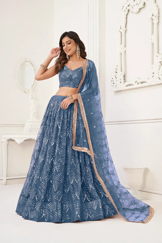 Petrolblaues Lehenga Choli-Set | Tüll mit glitzernden Details und Spiegeln