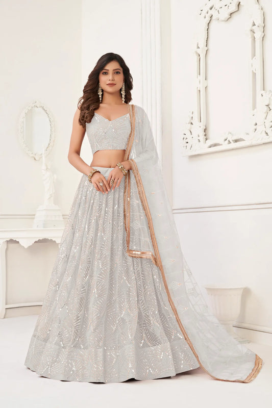 Off-White Lehenga Set | Tulle with Shimmering Embroidery and Mirrors