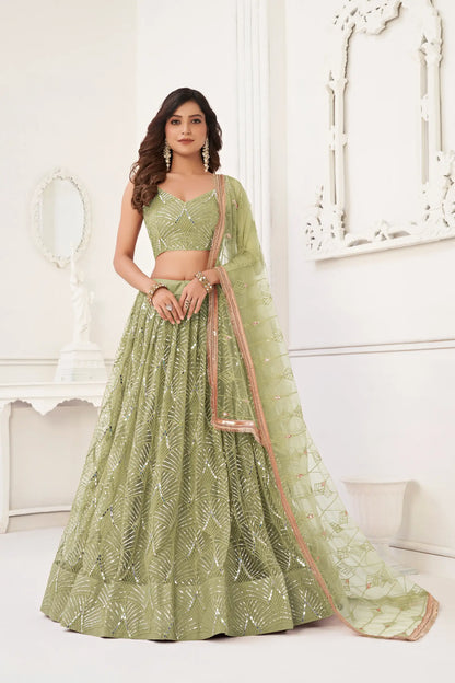 Lehenga Choli Vert Pistache en Tulle | Broderies de Fils, Miroirs et Sequins