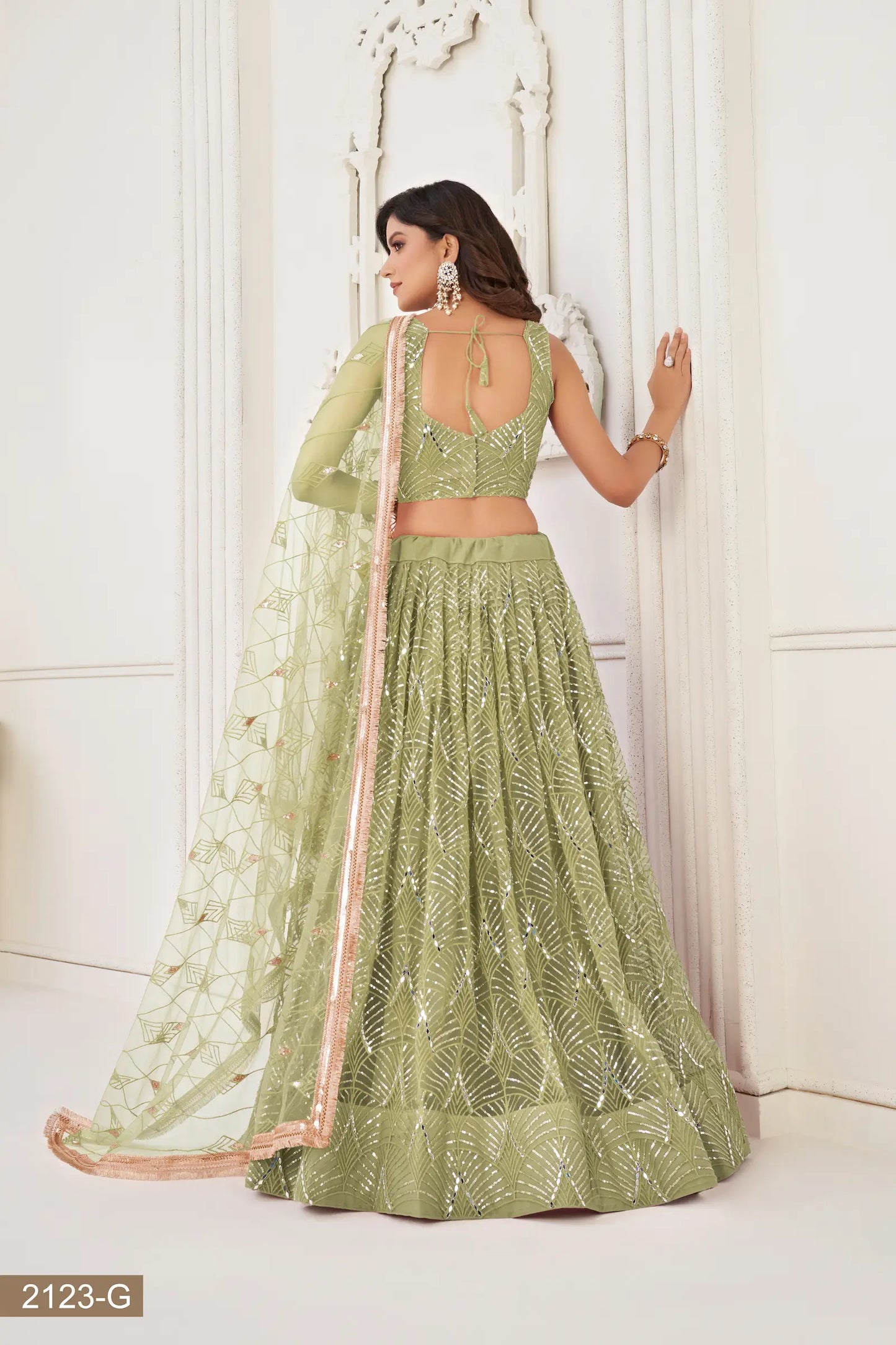 Lehenga Choli Vert Pistache en Tulle | Broderies de Fils, Miroirs et Sequins