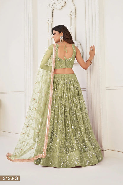 Lehenga Choli Vert Pistache en Tulle | Broderies de Fils, Miroirs et Sequins